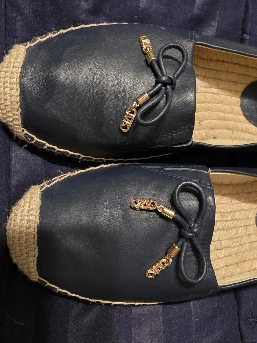 Michael Kors Navy Leather Bow Espadrille Loafers with Gold Hardware